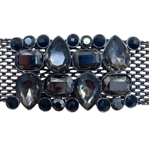 Vintage-Inspired Gunmetal Mesh Belt With Rhinestone Embellishment Adjustable - Picture 2 of 8